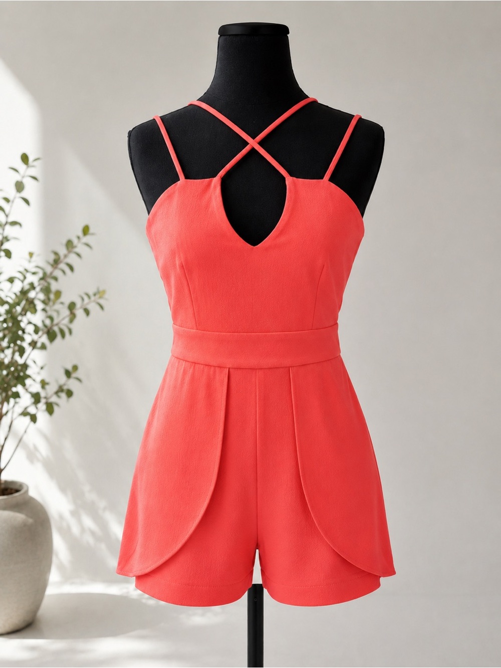 Oxford Sunday Coral Strappy Romper Skort Size S Neon Pink Summer